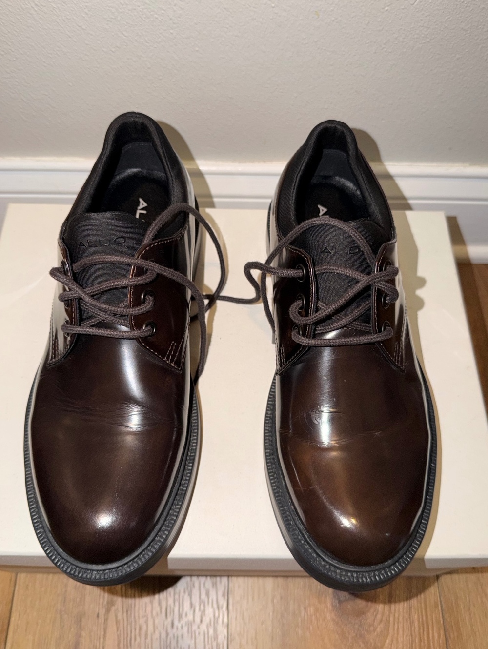 ALDO Dark Brown Glossy Lace Up Derby Dress Shoes Chunky Sole